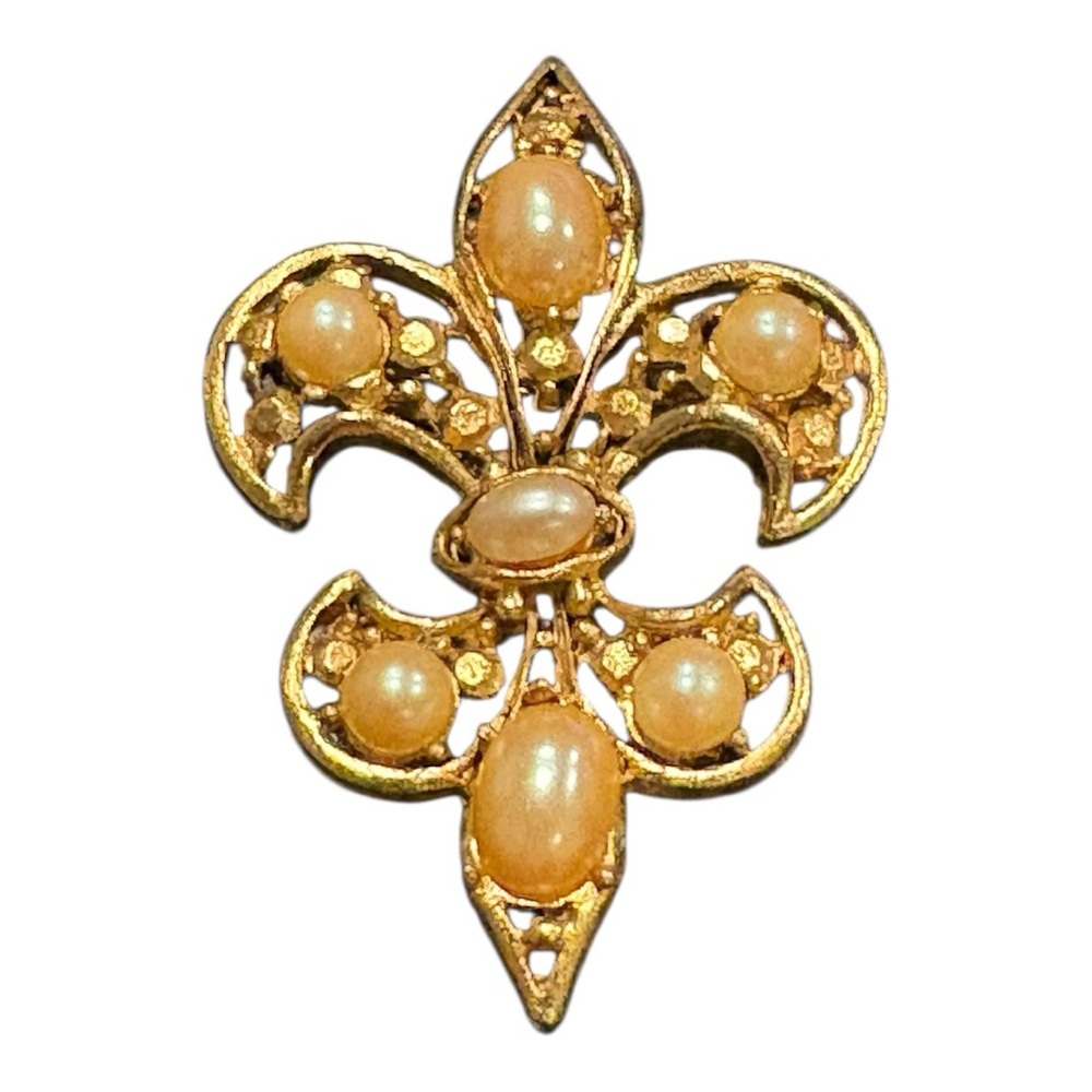 M Jent Vintage Fleur-de-Lis Brooch Gold Tone Faux Pearl Pin J14
